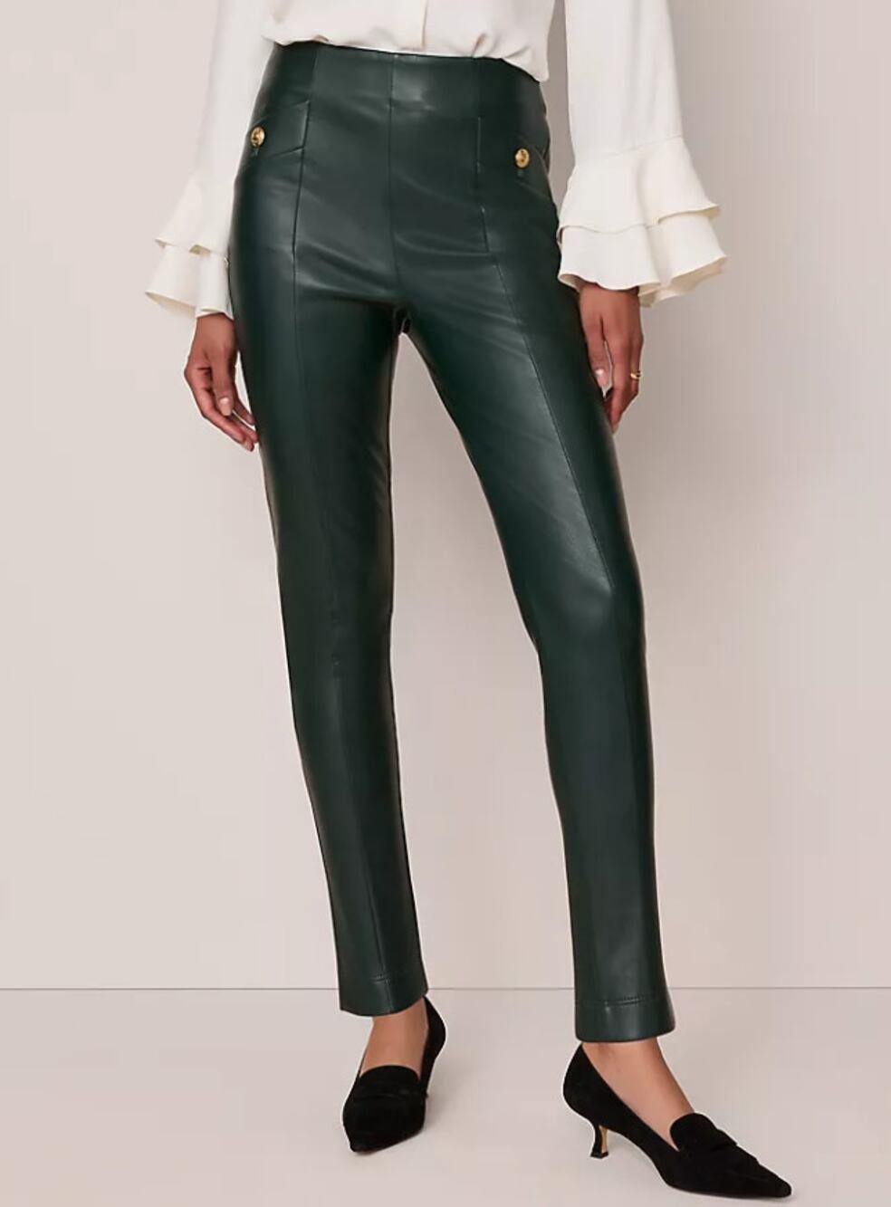 Ann Taylor The Seamed Button Legging NWT Dark Green Faux Leather Women's 10P